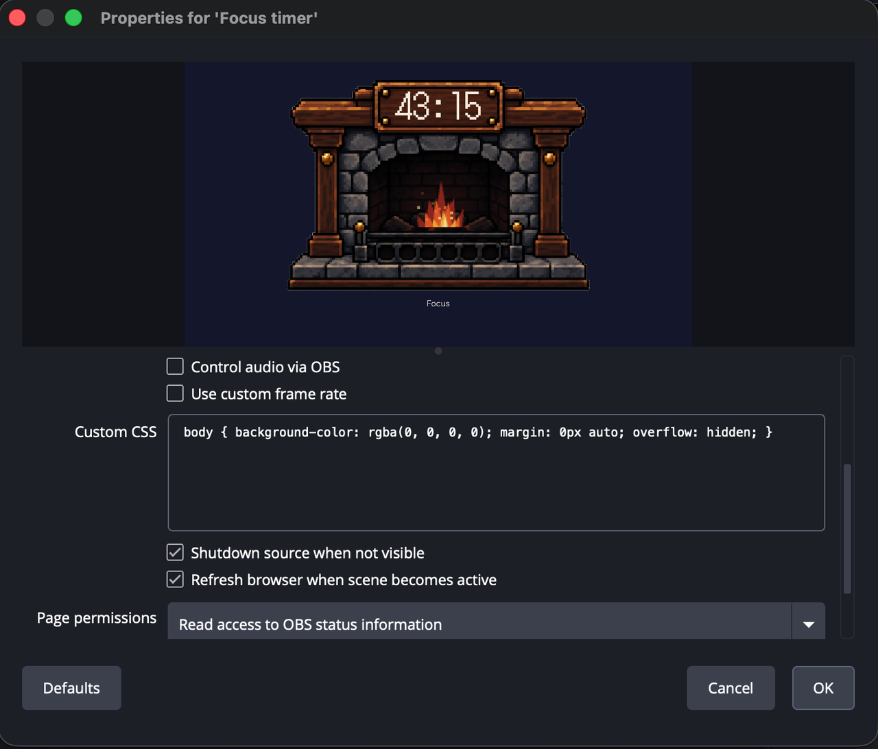 The OBS Properties dialog for the Focus timer browser source, with the URL, Width 1920, Height 1080, and the two checkboxes Shutdown source when not visible and Refresh browser when scene becomes active both ticked.