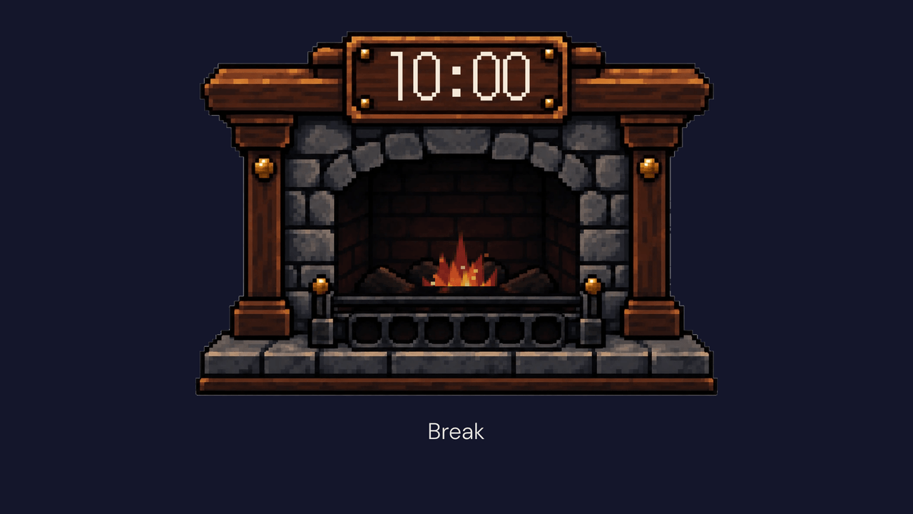 The Break timer in Emberlight Hearth: the same fireplace with 10:00 on the mantel and the word Break below it.