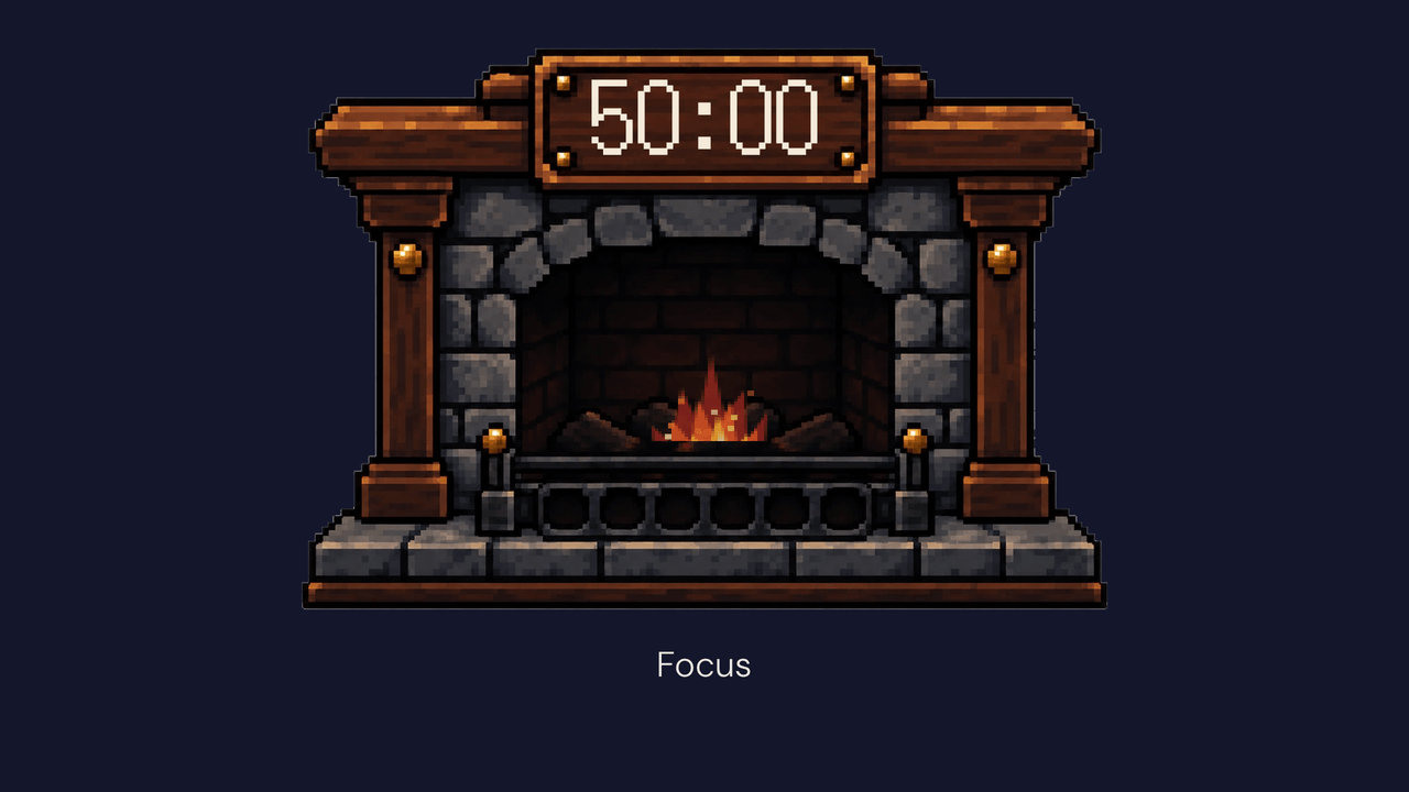 The Focus timer in Emberlight Hearth: a pixel-art fireplace with 50:00 on the mantel and the word Focus below it.