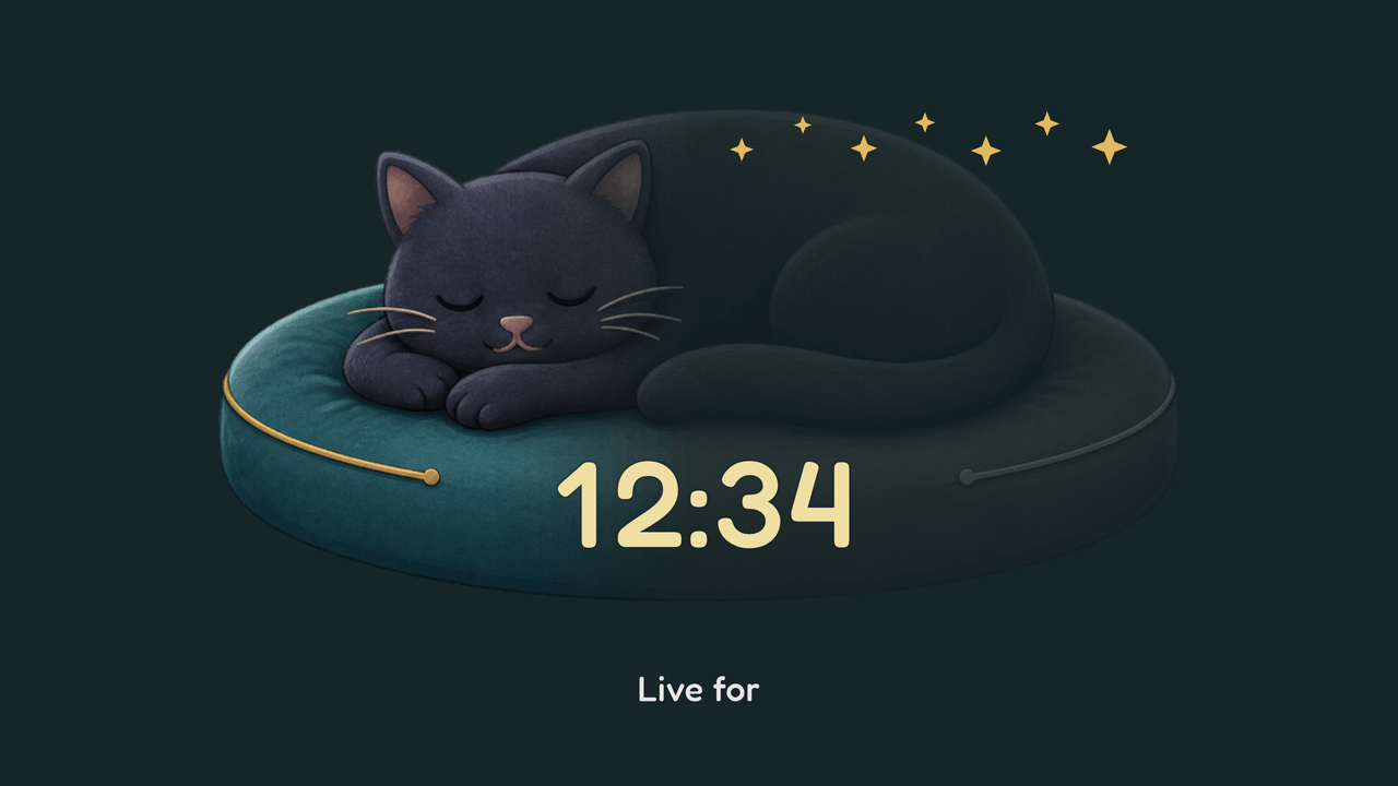 Dreamfade Cat: count up. A stopwatch, 12:34 in.