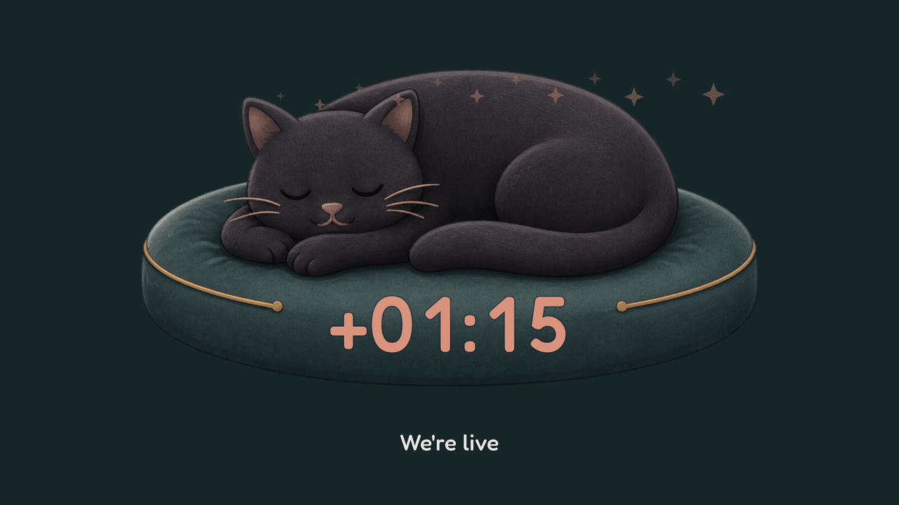 Dreamfade Cat: overtime. Counting up past zero, 1:15 over.