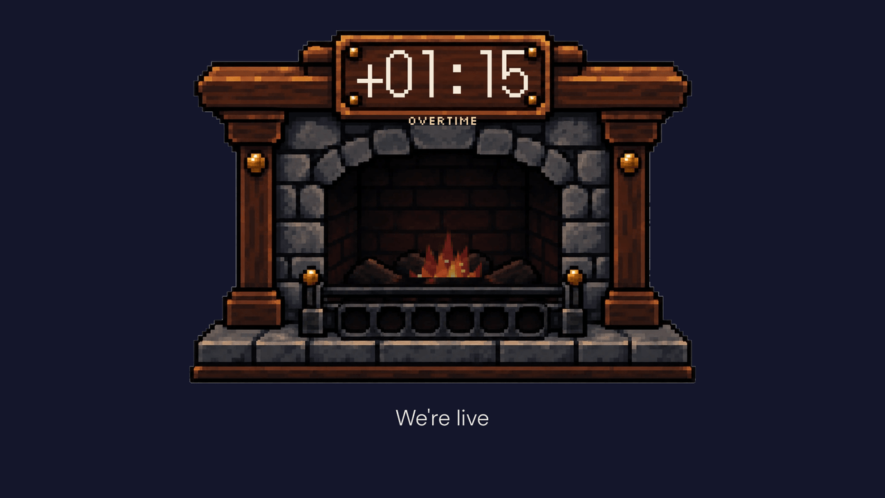 Emberlight Hearth: overtime. Counting up past zero, 1:15 over.