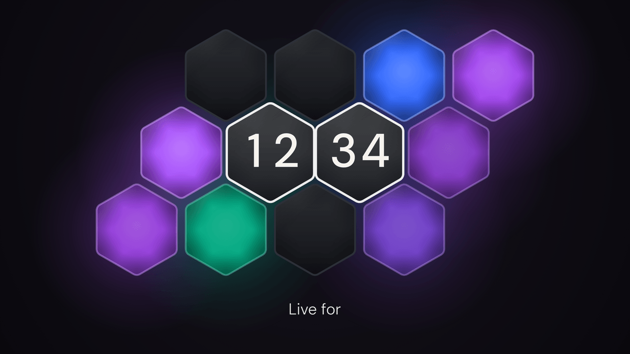 Hex Cluster: count up. A stopwatch, 12:34 in.