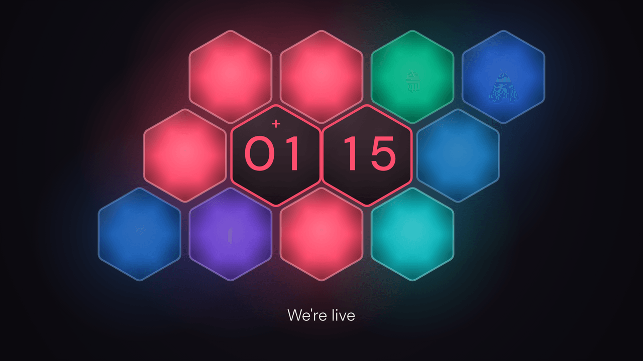 Hex Cluster: overtime. Counting up past zero, 1:15 over.