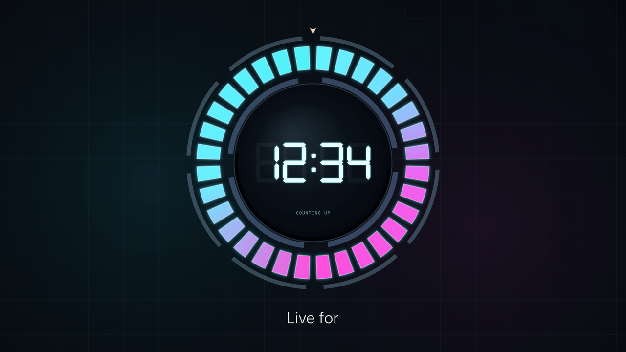 Neon Dial: count up. A stopwatch, 12:34 in.