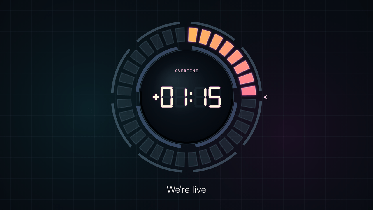 Neon Dial: overtime. Counting up past zero, 1:15 over.