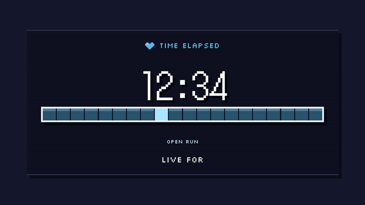 Pixel Quest: count up. A stopwatch, 12:34 in.