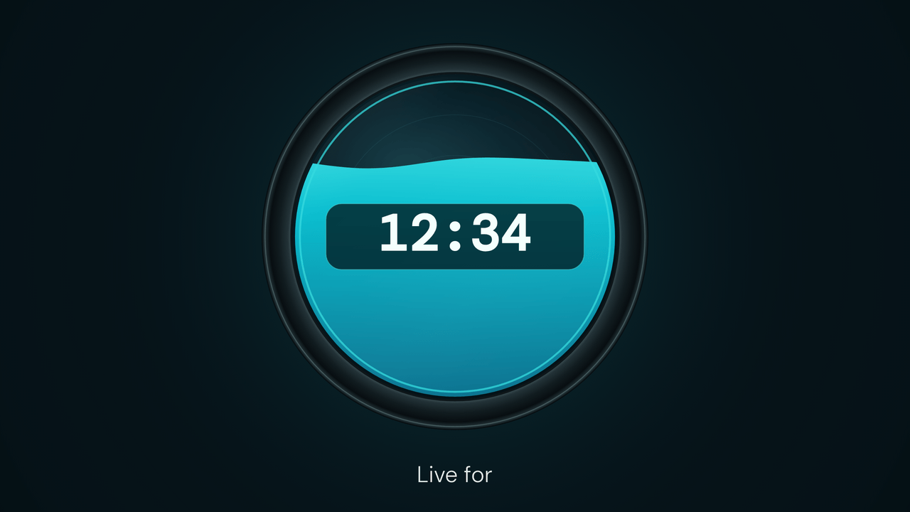Water Gauge: count up. A stopwatch, 12:34 in.